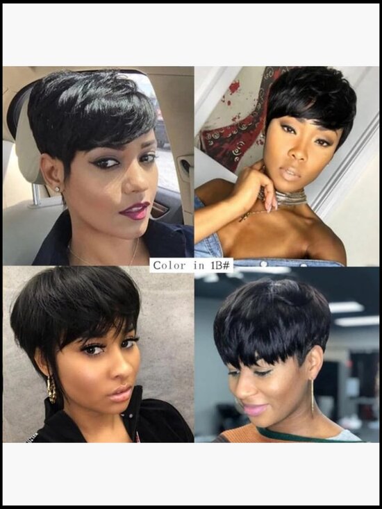 Pixie Cut Human Hair Wig with Bangs Layered Wavy Capless Breathable Heat main image 4